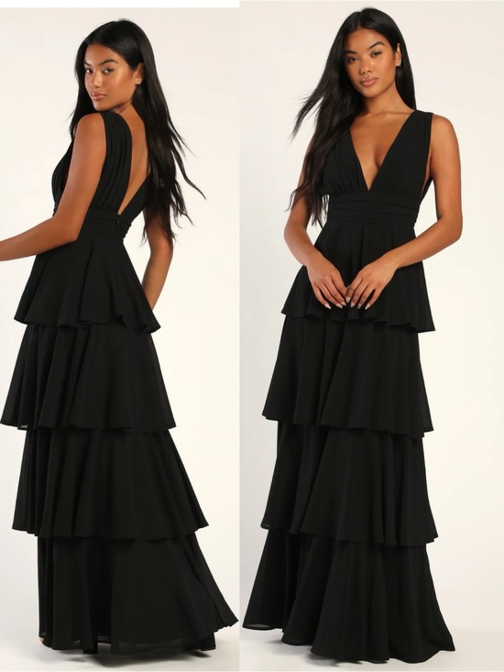 Lulu's Black Tiered Maxi Dress with Plunging V-Neck